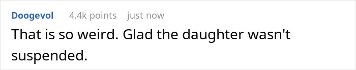 Comment text on a white background discussing relief that a daughter was not suspended amid a school suspending daughter fear snakes issue. Comment text on a white background discussing relief that a daughter was not suspended amid a school suspending daughter fear snakes issue.