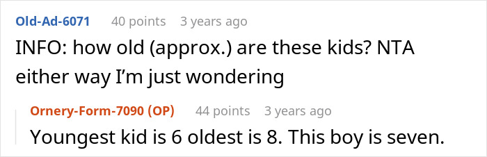 A Reddit user asking about the age of the disruptive kid. This text relates to a toxic mom and her kid.