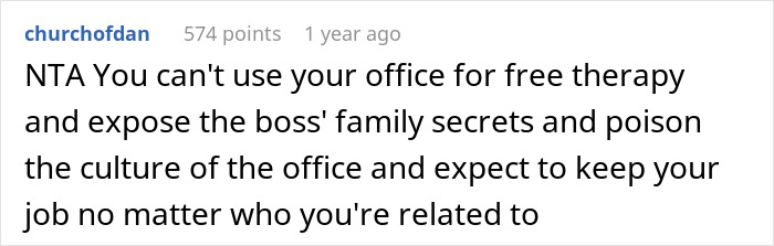 Comment discussing consequences of exposing family secrets in the office culture after CEO hires her sister post downsizing.