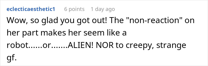 Screenshot of a comment about a guy feeling like a science experiment due to his girlfriend logging every word.