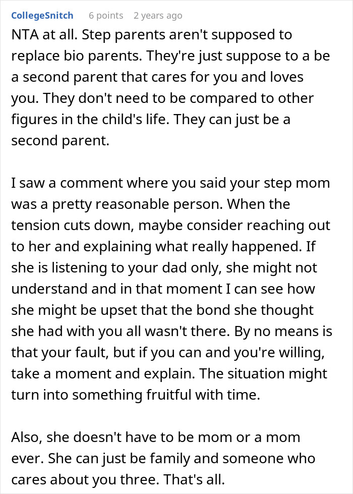 A Reddit post discussing stepmom relationships. It offers advice on communicating with a stepmom, relating to dad and his kids.