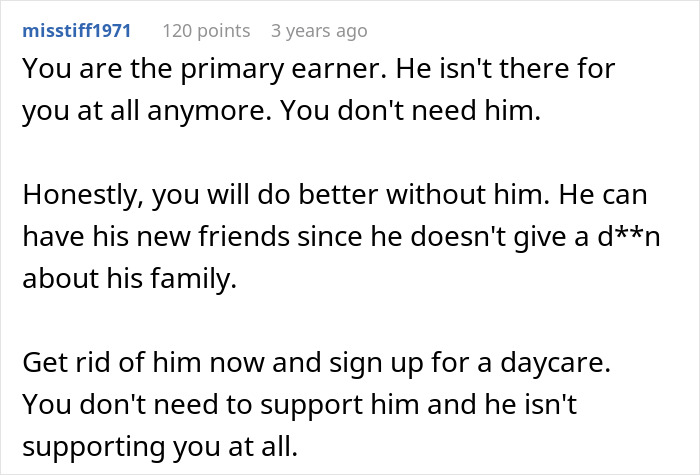 Screenshot of a Reddit comment advising a pregnant wife neglected by her husband to prioritize herself and consider daycare options.