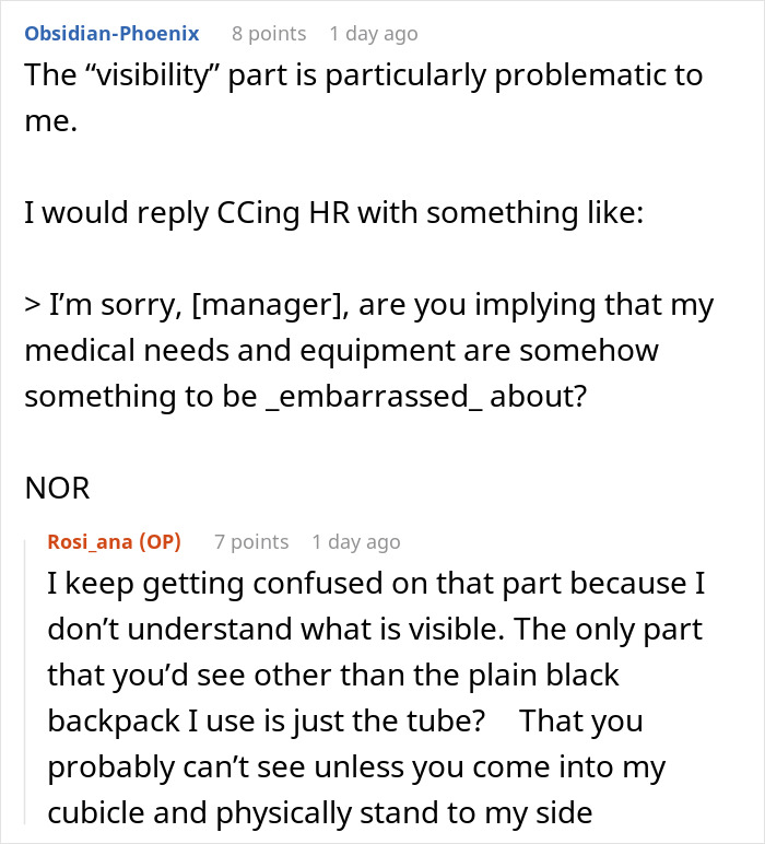 Reddit comments discussing a woman using a feeding tube, highlighting concerns over manager requests to avoid it at work.
