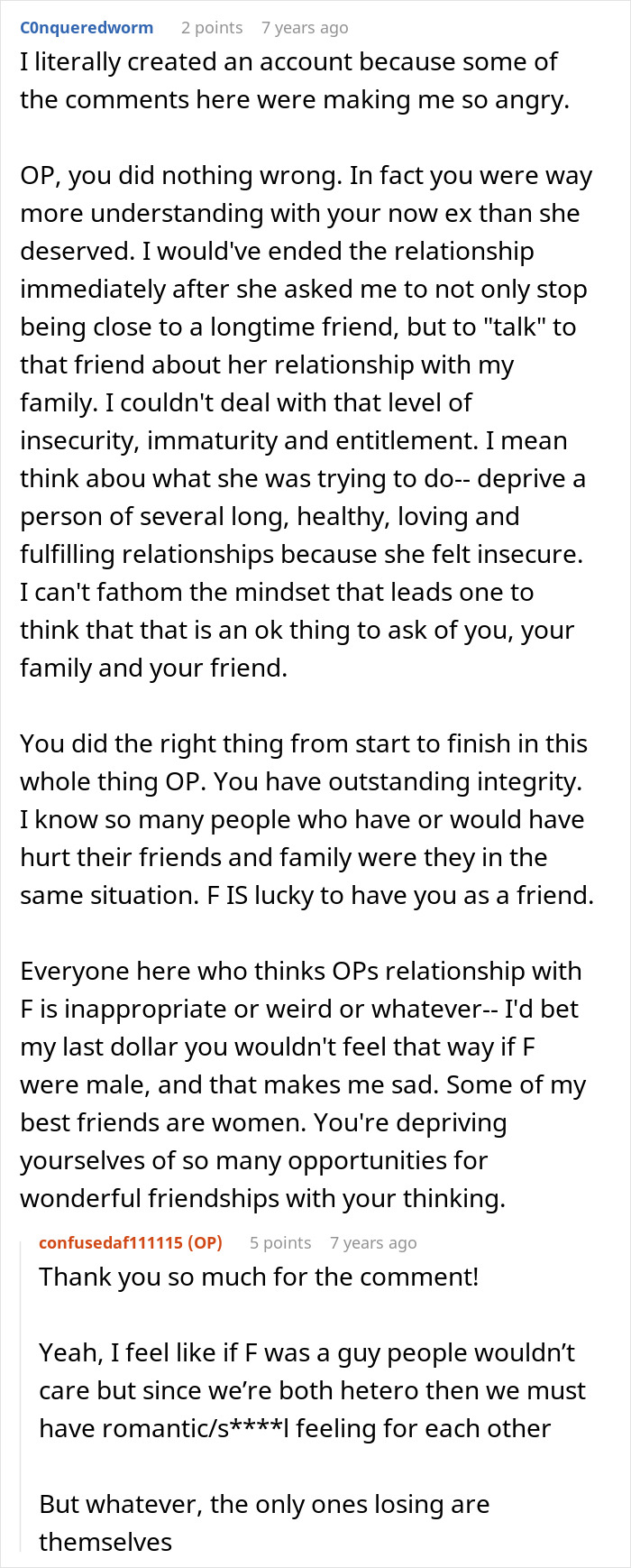 Conversation text discussing a woman breaking up after seeing her boyfriend's close female friend’s relationship with his family. Conversation text discussing a woman breaking up after seeing her boyfriend's close female friend’s relationship with his family.
