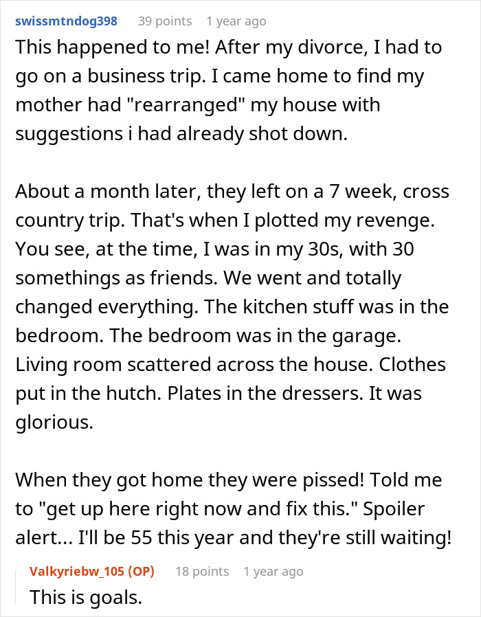 A Reddit post detailing a woman's revenge for a MIL changing her house, a humorous story about a different house.