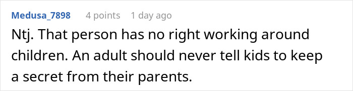 Comment on a forum, discussing concern over adults telling kids to keep secrets from parents about food they received.