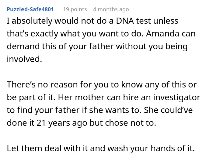 Screenshot of a forum comment discussing DNA tests and child support in a confusing family dynamic situation.