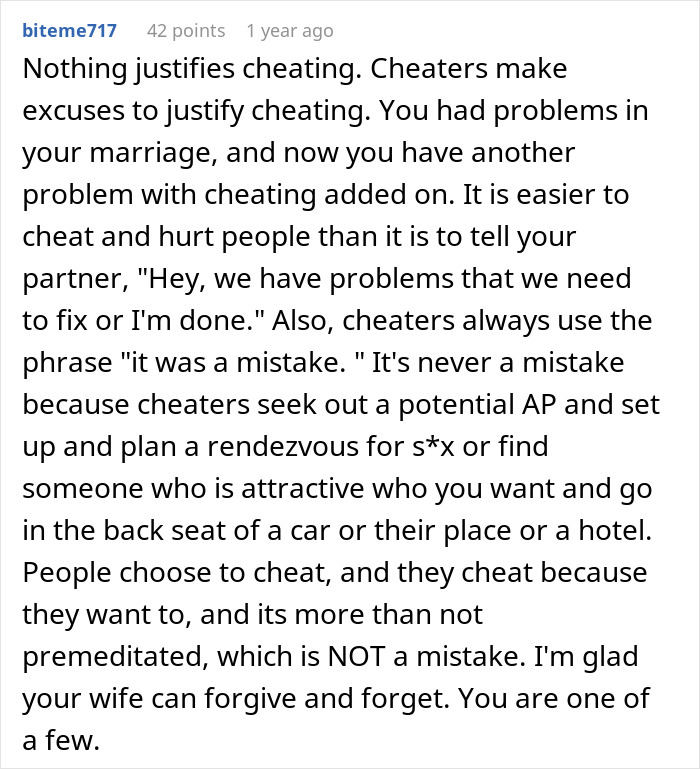 User comment discussing consequences of cheating and harsh lessons learned by a cheater chasing a fantasy in relationships.