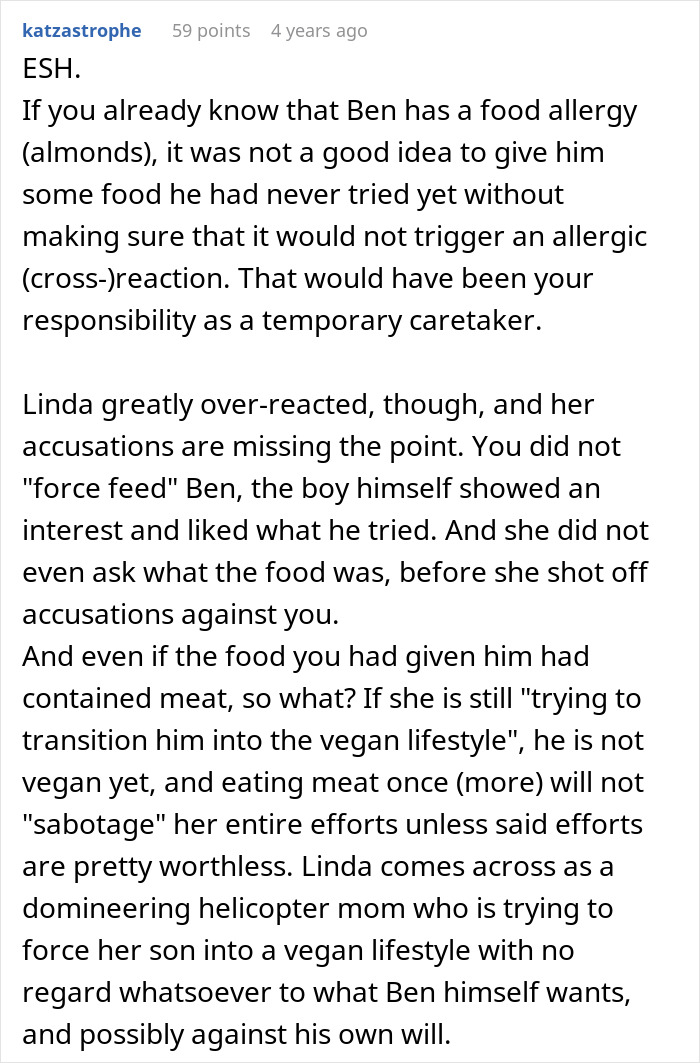 Image showing a Reddit post discussing a mother trying to transition her son into veganism and a babysitter conflict.