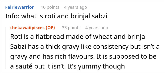 Reddit comments define roti and brinjal sabzi, relevant for parents trying to Transition Her Son Into Vegan.