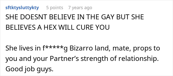 Comment discussing homophobic MIL disbelieving in gay identity but using a hex to cure, referencing relationship strength.