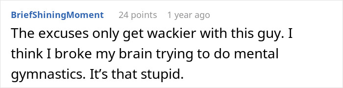 A Reddit comment about a married man's excuses, highlighting the absurdity of sharing a hotel room with a woman.