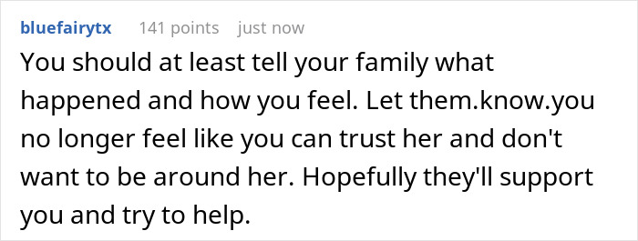 A Reddit comment advises telling family about a toxic bestie who mocks depression, to find support and move on.