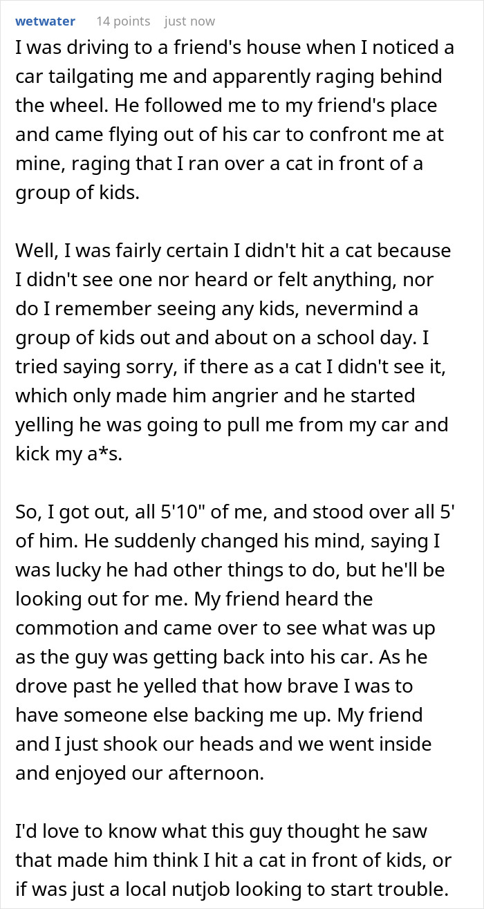 A Reddit post detailing a driver's confrontation after being cut off. The angry driver thinks he's following the guy to his job.