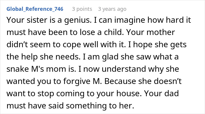 Screenshot of a forum comment discussing family dynamics and forgiveness after a best friend&rsquo;s betrayal involving a boy.