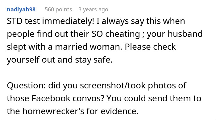 Reddit comment discussing an affair, advising an STD test and collecting evidence of a husband and best friend's affair.