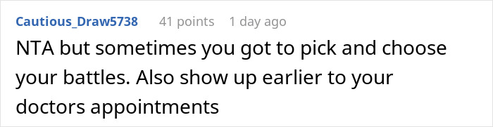 Screenshot of an online comment advising to pick battles wisely and arrive earlier for doctor&rsquo;s appointments.