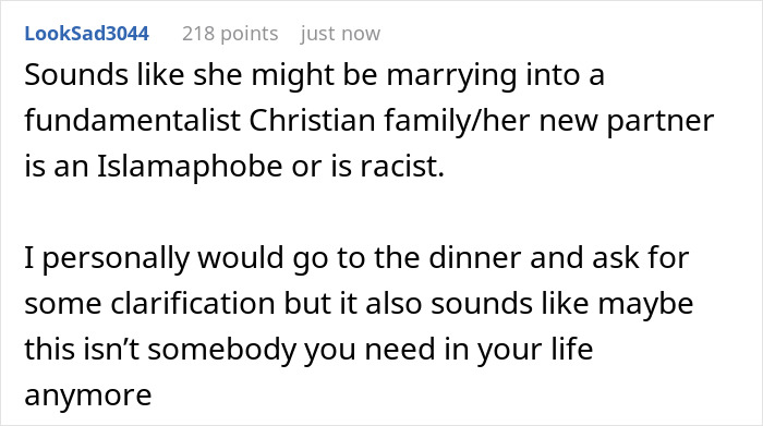 A Reddit comment discusses reasons for a Christian bride excluding a Muslim best friend, suggesting fundamentalism or racism.