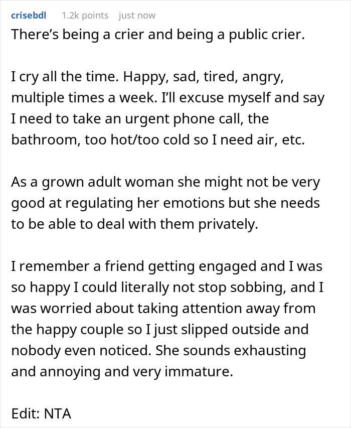 A Reddit post discusses a DIL's sensitivity and public crying, contrasting it with private emotional regulation. MIL DIL drama.