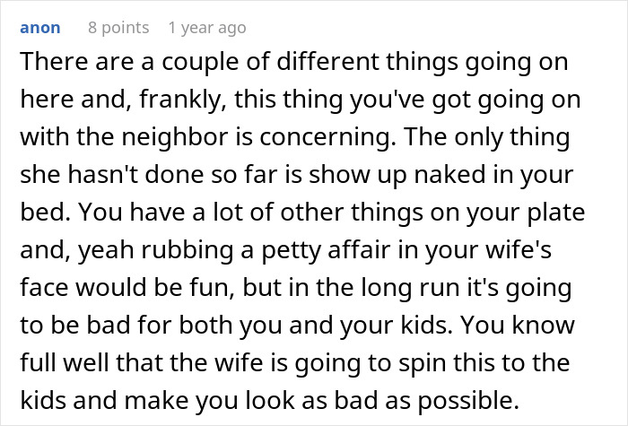 Screenshot of a Reddit comment advising against a petty affair in the face of wife betrayal, warning of consequences.