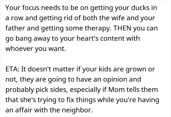 A white text box with black text advises a man whose world shatters after double betrayal to focus on therapy and end relationships.