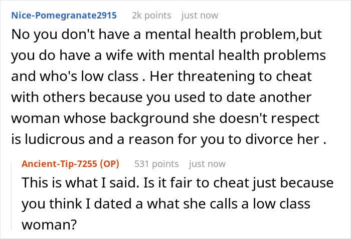 Reddit discussion about a man's wife obsessed with his low-class ex leading to divorce after two months of marriage.