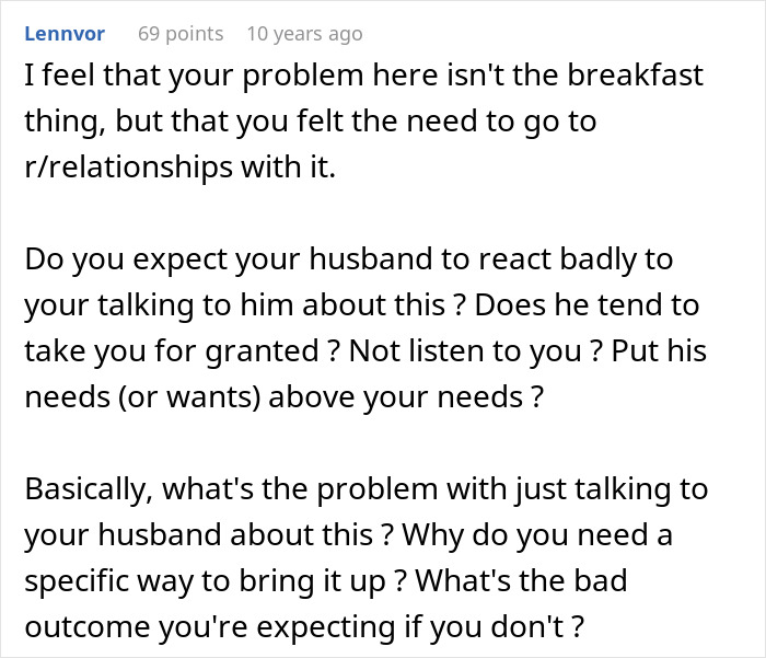 Reddit post about marital issues, asking why someone would need a specific way to confront husband about having to cook breakfast.