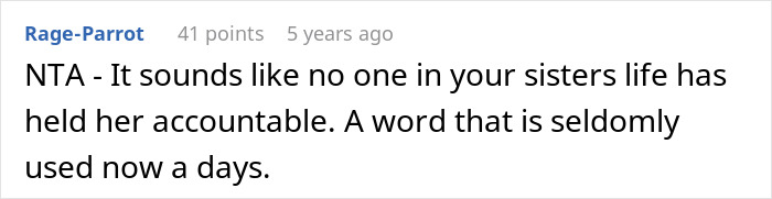 Screenshot of a comment discussing a woman making her sister adopt her kid and trying to prevent her from having more children.