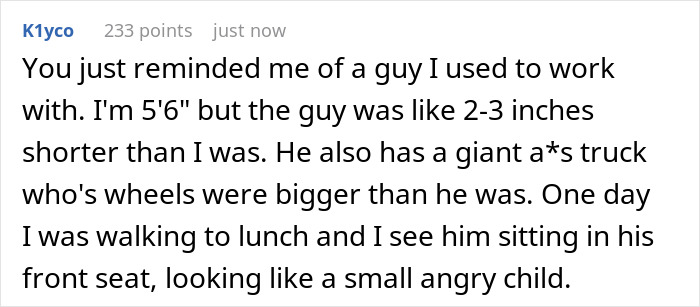 A Reddit post describes a driver humiliated for his small stature driving a huge truck, appearing like a small angry child.