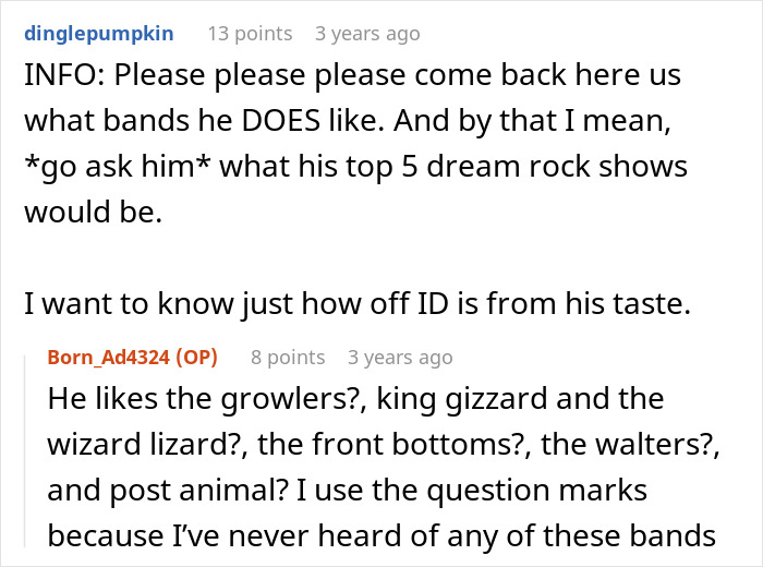 Text conversation about favorite rock bands, discussing concert ticket gift for boyfriend who loves bands and his reaction.