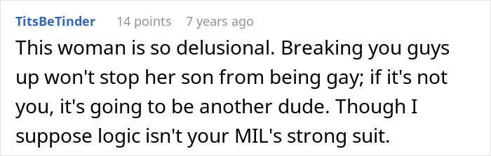 Comment criticizing a homophobic MIL trying to get her son&rsquo;s boyfriend arrested through deception involving a fake cop.
