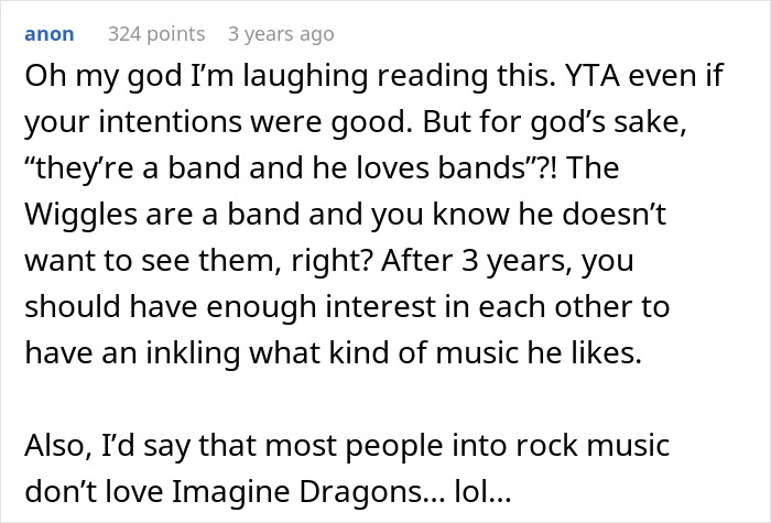 Screenshot of a Reddit comment discussing a woman buying concert tickets for her boyfriend who loves bands and his emotional reaction.