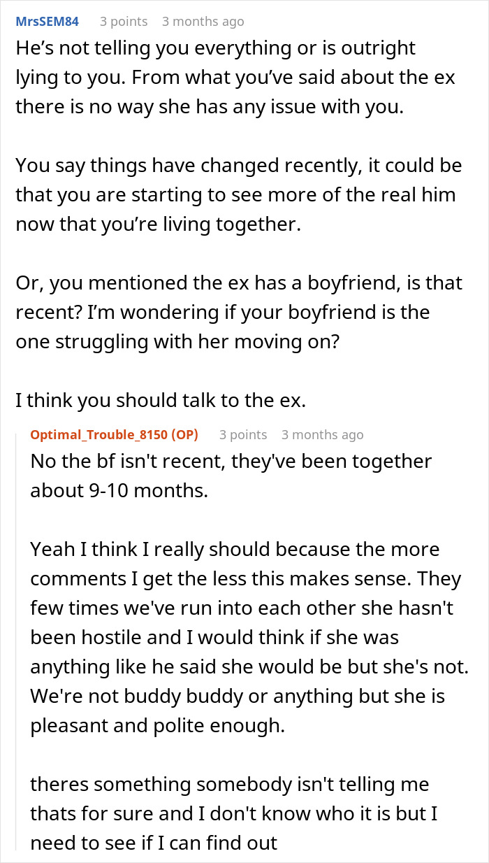 Online forum conversation about woman confused when boyfriend’s ex is difficult, exploring if she is the problem or not. Online forum conversation about woman confused when boyfriend’s ex is difficult, exploring if she is the problem or not.