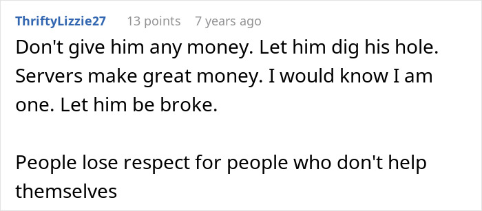 Comment from user ThriftyLizzie27 defending servers and discussing respect related to asking for money. Comment from user ThriftyLizzie27 defending servers and discussing respect related to asking for money.
