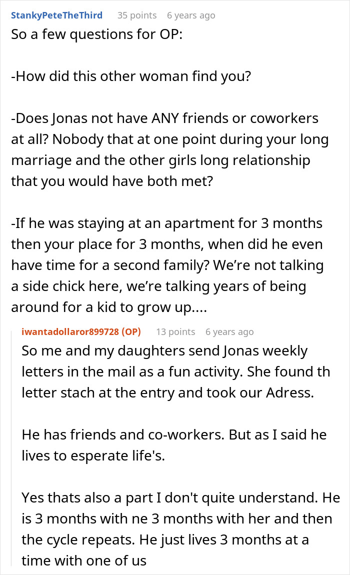 A Reddit post with questions about a woman finding her husband's secret wife. The original poster explains how the secret wife was found.