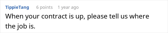 Comment on a forum screen, discussing contract job location, related to management chews out worker for going the extra mile.