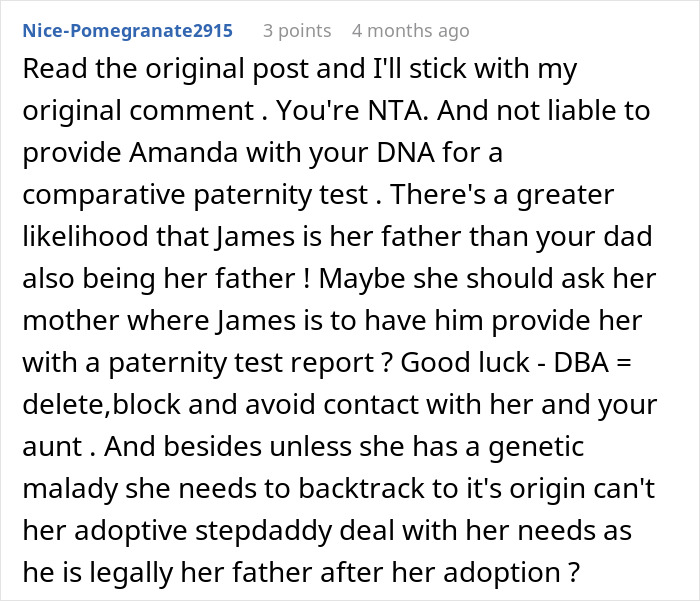 Screenshot of a forum comment discussing confusing and wild family dynamic involving DNA tests and child support issues.