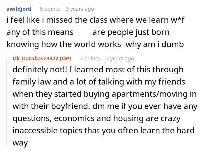 Reddit comments discussing financial literacy, housing, and mortgage, addressing concerns about being called a leech.