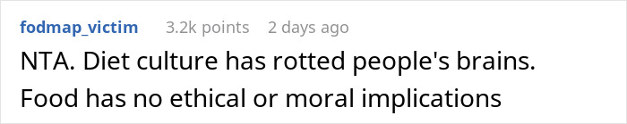 Screenshot of a Reddit comment criticizing diet culture in response to a coworker's candy routine at the office.