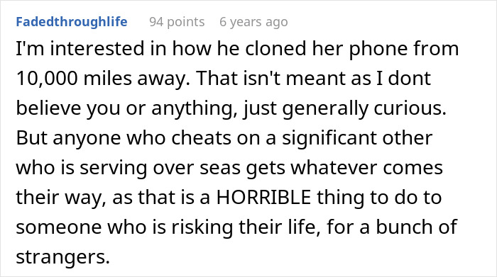 Comment discussing the consequences an army wife faces after cheating on her deployed husband and karma catching up.