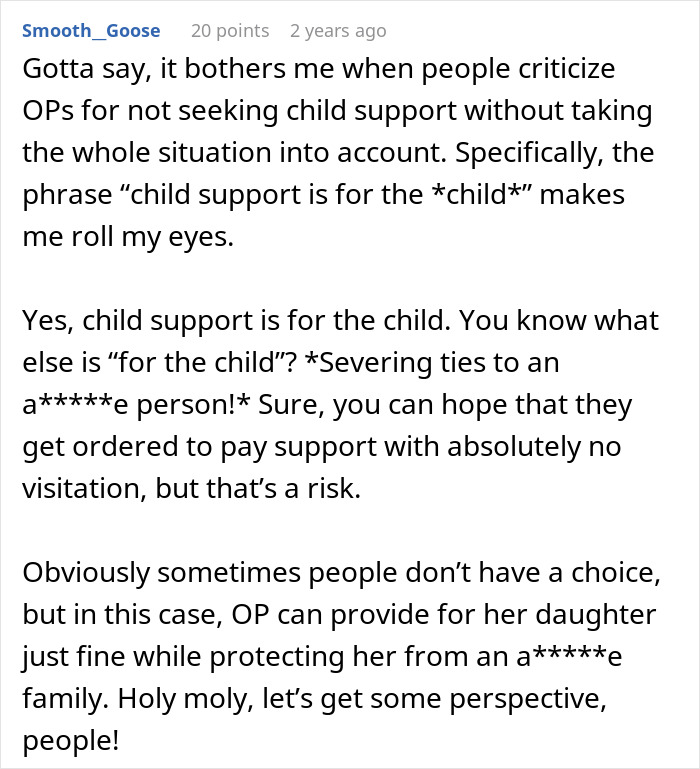 A Reddit post discussing child support, severing ties, and protecting a daughter from an estranged family after a donor baby.
