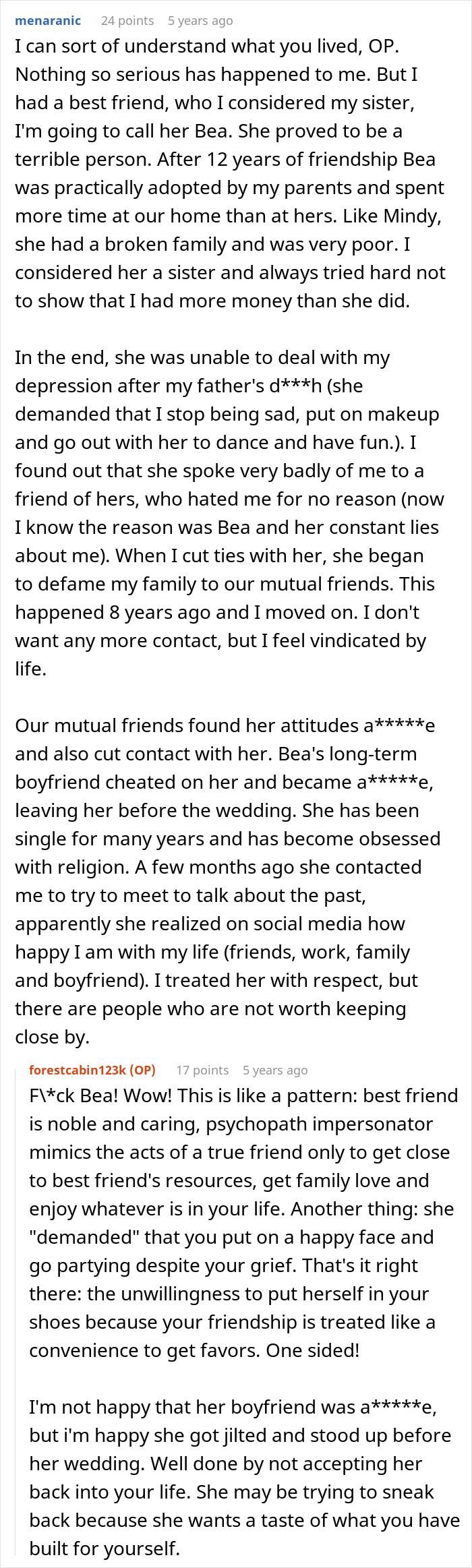 Text conversation discussing a woman accused of cheating and scamming until exposed by her best friend on local news.