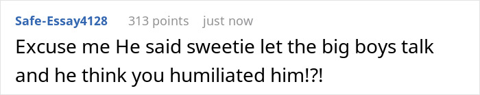 Screenshot of a forum comment discussing a man playing expert at a dinner party and getting destroyed after calling a real expert sweetie.