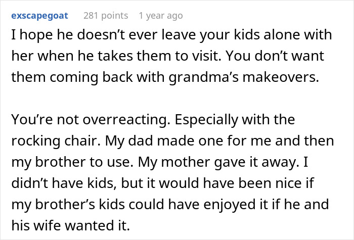 Reddit user exscapegoat's comment about MIL issues, discussing leaving kids with grandma and personal experience with a rocking chair.