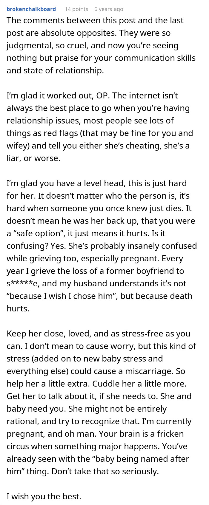 Comment discussing relationship issues and grief involving a woman wanting unborn son named after late ex, causing drama. Comment discussing relationship issues and grief involving a woman wanting unborn son named after late ex, causing drama.