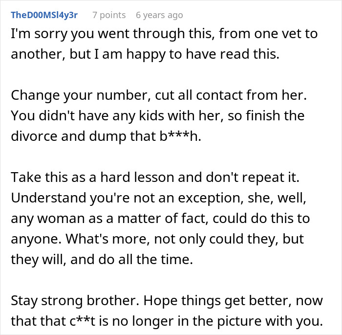 Comment offering advice to an army wife cheats on her deployed husband, urging strength and moving on from betrayal.