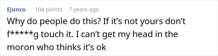 A Reddit comment from 'Ejuncos' expressing frustration about a food thief, highlighting coworker drama related to stolen iced sweet tea.