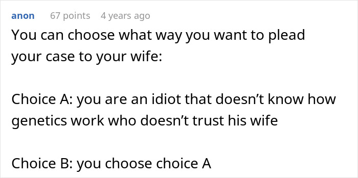 Text post humorously suggesting how a man demanding a paternity test might plead his case, risking his whole family.