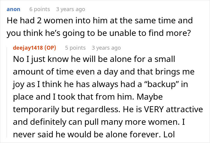 Screenshot of an online conversation about a boyfriend planning to leave his girlfriend and ending up alone instead.