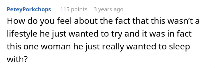 Comment on open marriage proposal, discussing a woman rediscovering herself and refusing to close the arrangement. Comment on open marriage proposal, discussing a woman rediscovering herself and refusing to close the arrangement.
